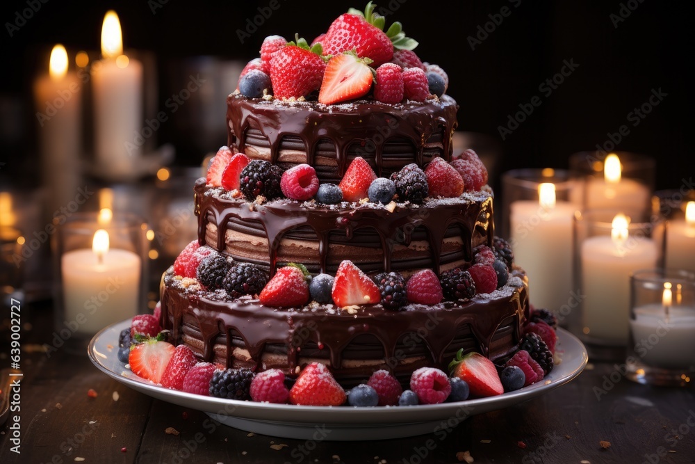 Layer cake with fruits and candles, vibrant celebration., generative IA