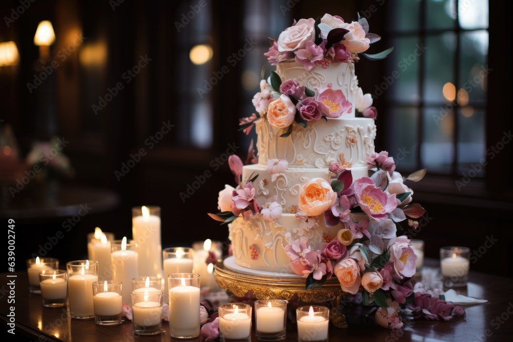 Wedding cake luxuriously decorated with floral and fruity details., generative IA