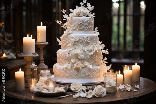 Wedding cake luxuriously decorated with floral and fruity details., generative IA
