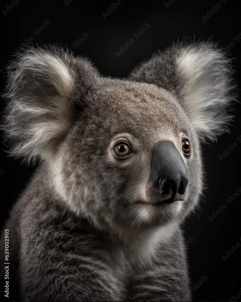 Generated photorealistic portrait of a koala on a black background in profile
Generated photorealistic portrait of a koala on a black background in profile