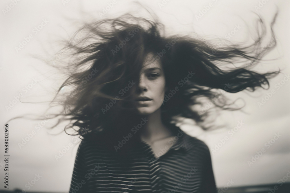 A fashion model with tousled hair, enjoying the wind and creating a moody and aesthetic vibe.