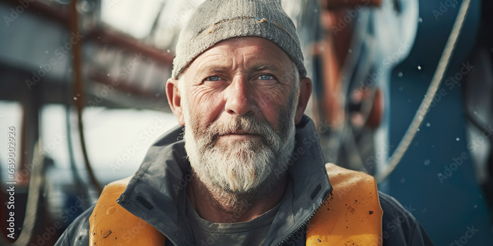 A cheerful professional mature fisherman working in the shipyard, ready for adventure.