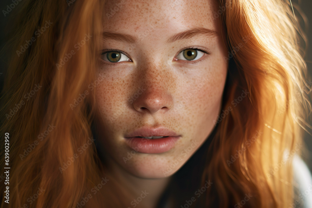 Cute teen girl with freckles and red hair closeup portrait.
