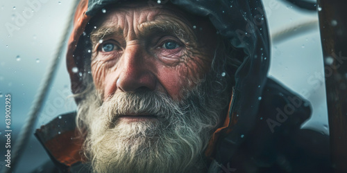 A sad and tired mature fisherman on a boat with a weathered expression, in the rain.