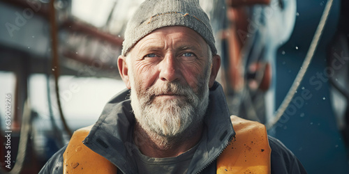 A cheerful professional mature fisherman working in the shipyard, ready for adventure. photo