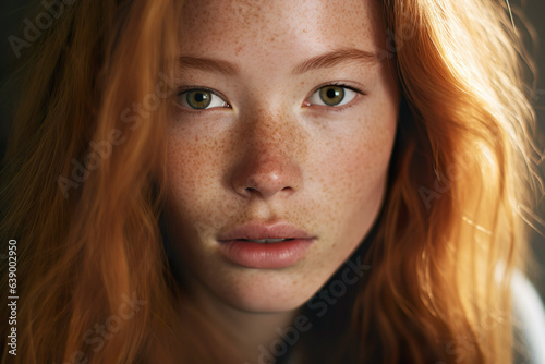 Obraz na płótnie Cute teen girl with freckles and red hair closeup portrait. w salonie