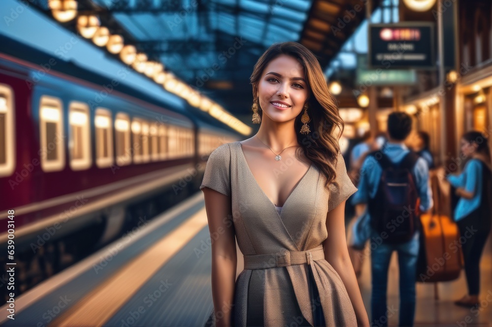 happy beautiful woman on railway station perron at summer late evening. Travelling and vacations concept.