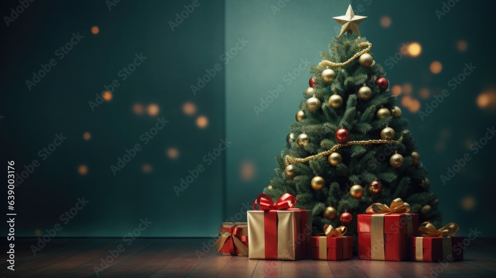 New Year's tree decorated with New Year's balls and garlands in the interiors with gifts New Year's tree decorated with New Year's balls and garlands in the interiors with gifts