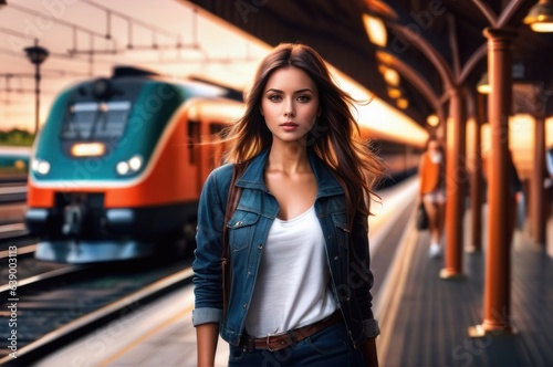 positive beautiful girl on railway station perron at summer evening. Travelling and vacations concept.
