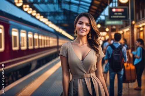 happy beautiful woman on railway station perron at summer late evening. Travelling and vacations concept.