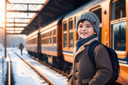 cheerful boy on railway station perron at winter early afternoon. Travelling and vacations concept.