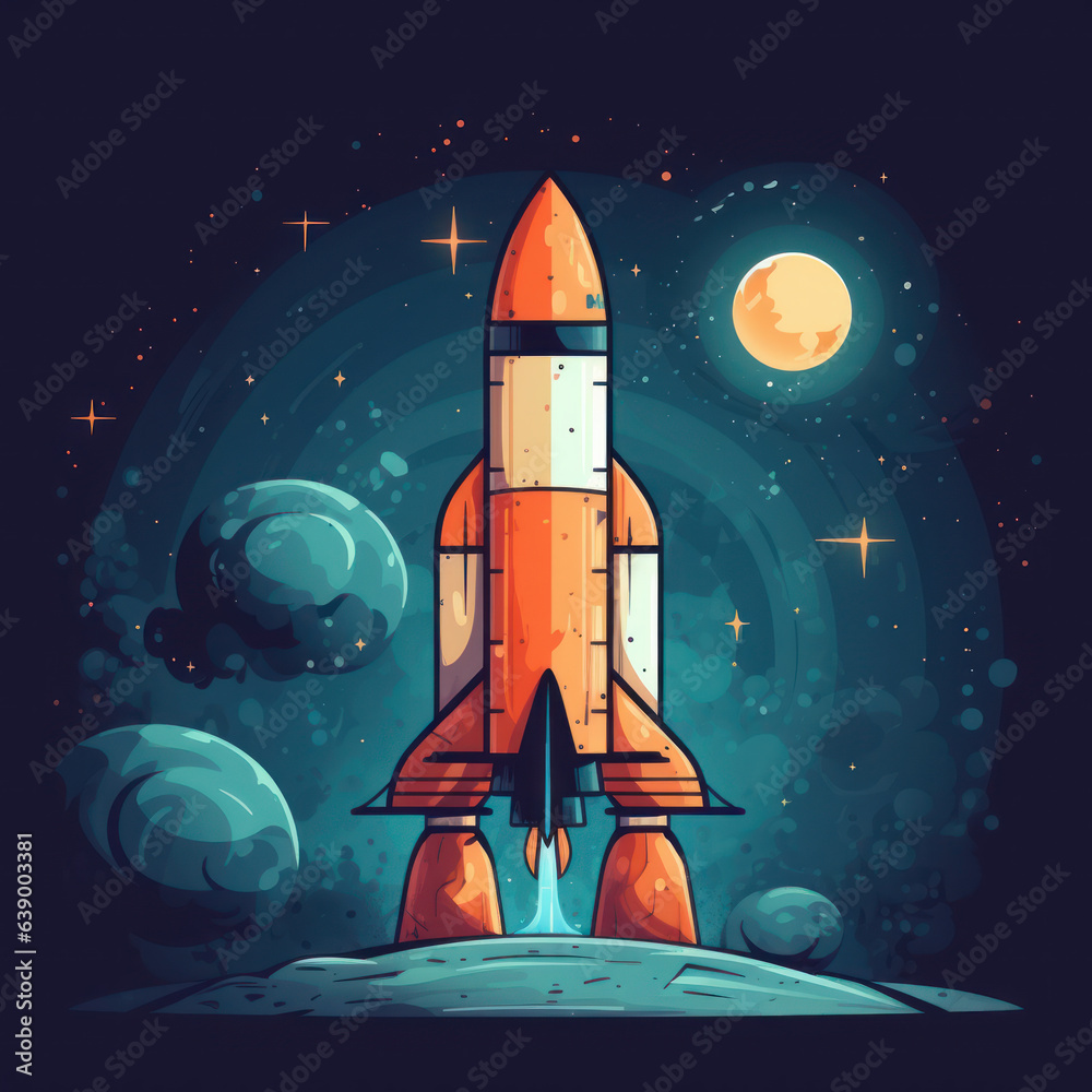 A cartoon illustration of a space rocket. Generative AI.