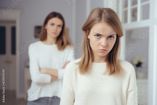 Fototapeta Close up upset girl in front and woman behind avoid to talk after quarrel at hom