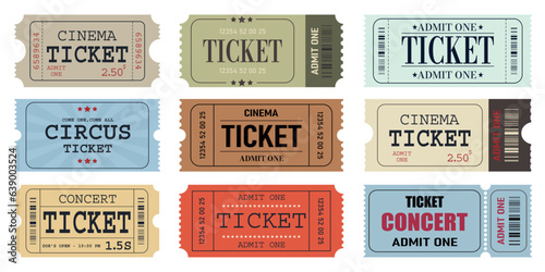 Vector set of admit one tickets template. Ticket for cinema,movie,circus,theatere,film,festival,casino,club,music etc. Event admission, entrance pass set .Vector illustration