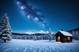 A serene snowy landscape with a lone cabin and a starlit sky