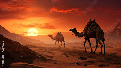 Line of Camels Gracefully Walking on a Sandy Desert During a Stunning Sunset AI Generative