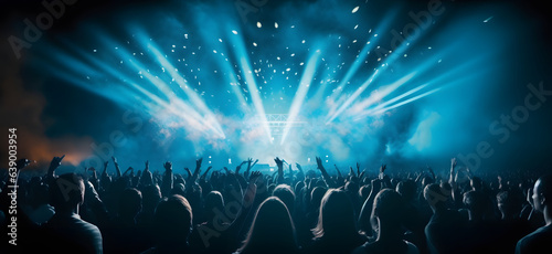 Live, rock concert, party, festival night club crowd cheering, stage lights and confetti falling. Cheering crowd. Blue lights.