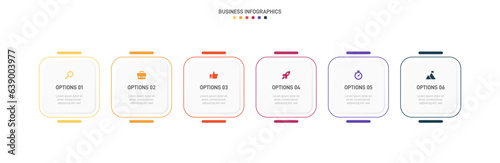 Timeline infographic with infochart. Modern presentation template with 6 spets for business process. Website template on white background for concept modern design. Horizontal layout.
