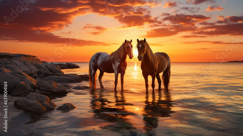 horses at the shallow water in the evening at a sunset with a red sky.