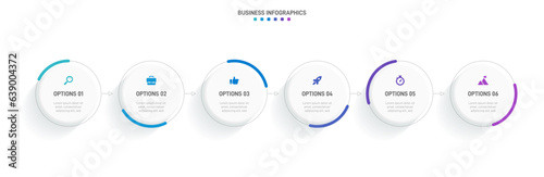 Timeline infographic with infochart. Modern presentation template with 6 spets for business process. Website template on white background for concept modern design. Horizontal layout.