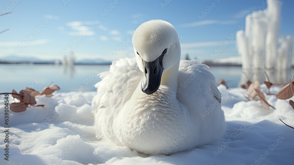 Obraz premium A Baby White Swan is Sitting on a White Surface AI Generative