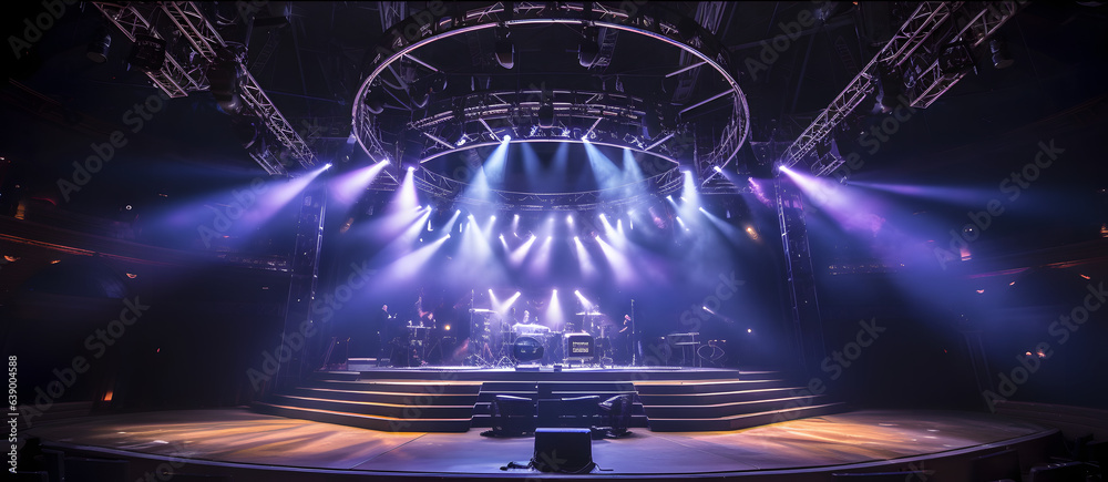 Live stage production with a circular light truss, in a center stage type live venue. Stage rigging equipment and PA systems being carried in. Dj, electronic music type setting. - obrazy, fototapety, plakaty 