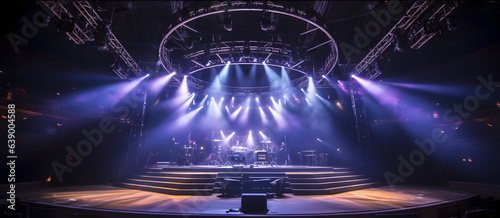 Live stage production with a circular light truss, in a center stage type live venue. Stage rigging equipment and PA systems being carried in. Dj, electronic music type setting.