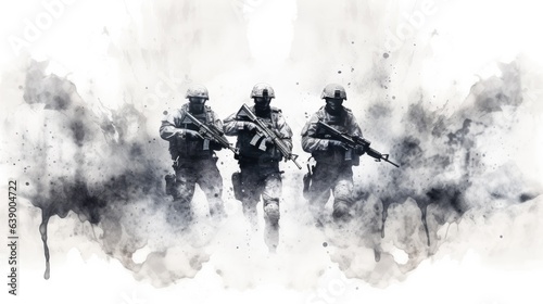 Combat infantry attack the enemy. Fully equipped soldiers of war run forward with rifles ready to shoot. Military operation in action. Special Forces. Squad running in formation. Army concept.