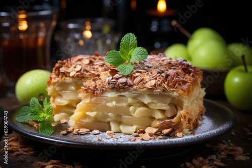 Golden and juicy apple pie with a spoon beside., generative IA