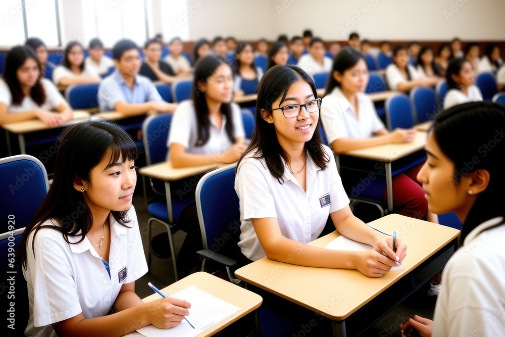 Lecture Concept. Group of interested multicultural mixed race group of students sitting at tables with pc in modern classroom, listening to teacher, taking notes writing in notebooks, back to study
