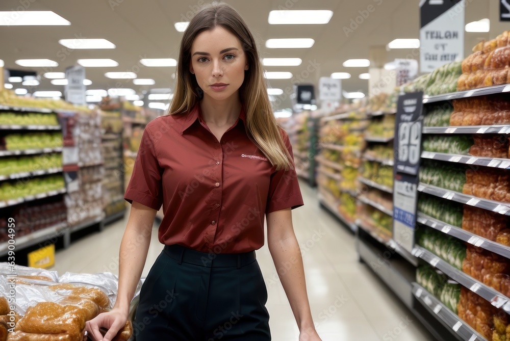 young attractive salesgirl standing near fresh fruits and vegetables in grocery store, dressed in red shirt. Attractive blondie working in a supermarket