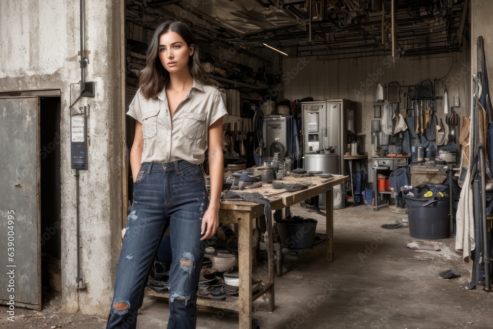 The concept of small business, feminism and women's equality. Young caucasian woman mechanic stand in her workshop or garage. Young woman wearing a dirty and torn shirt and jeans. Unauthorised repair The concept of small business, feminism and women's equality. Young caucasian woman mechanic stand in her workshop or garage. Young woman wearing a dirty and torn shirt and jeans. Unauthorised repair