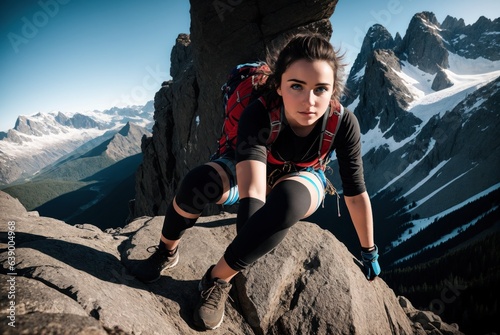 side view of young slim woman rock climber in bright blue backpack climbing on the cliff. a woman climbs on a vertical rock wall on the blue sky background photo