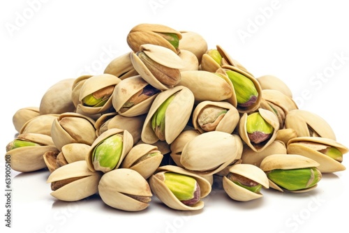 Pile of green pistachios on a white background.