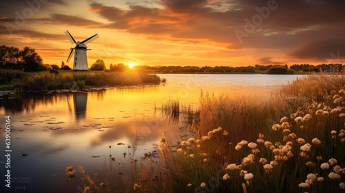 Windmill by the river and flowers at sunset.