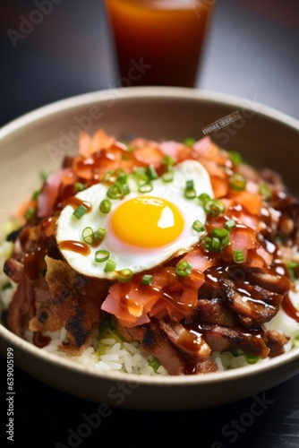 Pork and egg rice bowl with sweet sauce, revealing the subtle garnishing of finely chopped spring onions atop, accentuating the appealing depth of color in the dish