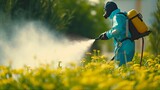 Weed Control with Portable Sprayer. Eradicate Garden Weeds in Lawn by Spraying Herbicide Pesticide. Concept of Health Care in the Cultivated Countryside