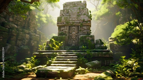 Path of Stone Slabs to the Sacred Aztec Idol in the Abandoned Ruin. Summer Sun Rays Illuminating the Ancient Tower - 3D Illustration