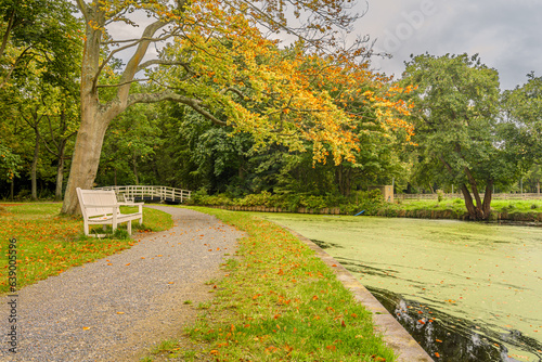Landscape with a bench in park Nieuw Leeuwenhorst in Noordwijkerhout, Netherlands