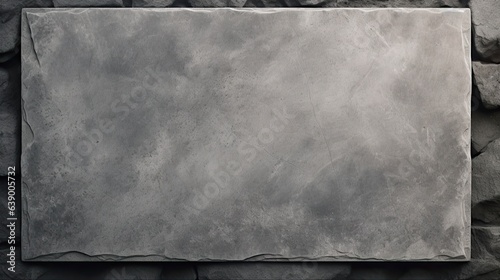 Stone Tablet on Gray Concrete Wall. Marble Cement Surface with Space for Text. Textured Background with Signs and Tile