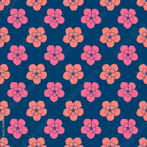 Wallpaper Mural Seamless pattern with pink flower on blue background Torontodigital.ca