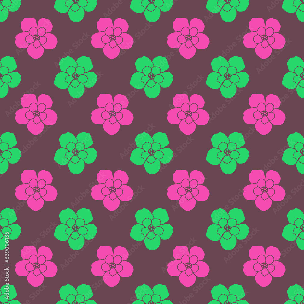 Seamless pattern with green and pink flower on dark background
