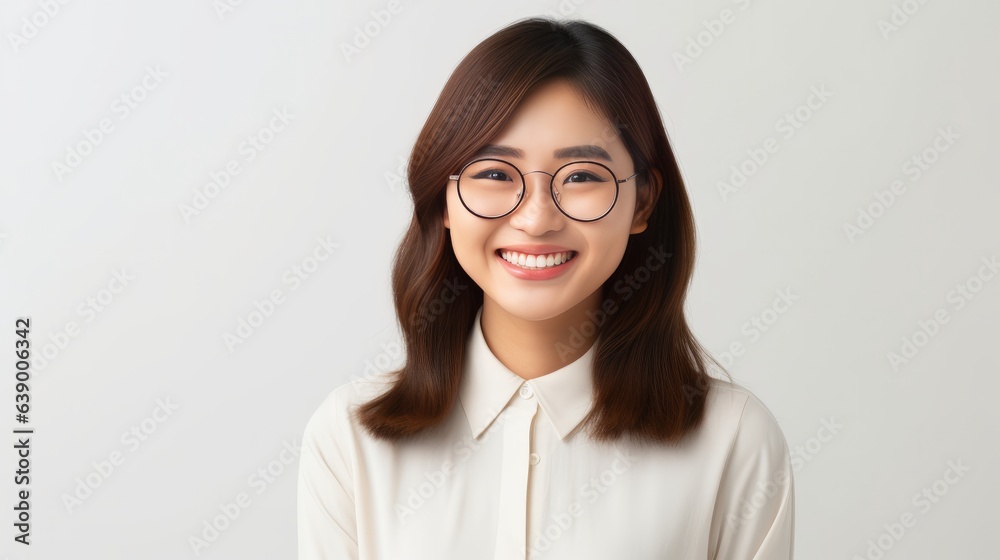 Image of young asian woman, company worker in glasses, smiling and holding digital tablet, standing over white background