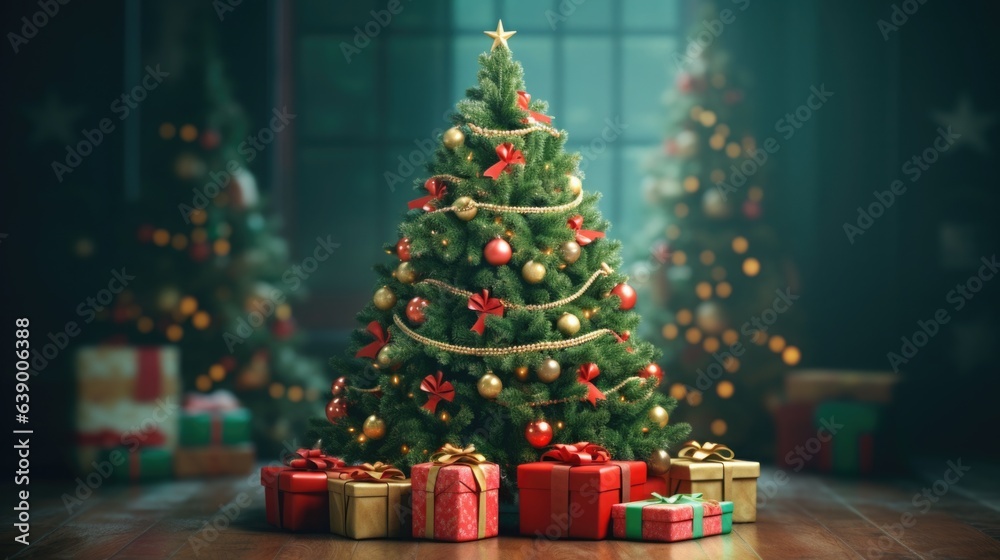 New Year's tree decorated with New Year's balls and garlands in the interiors with gifts New Year's tree decorated with New Year's balls and garlands in the interiors with gifts