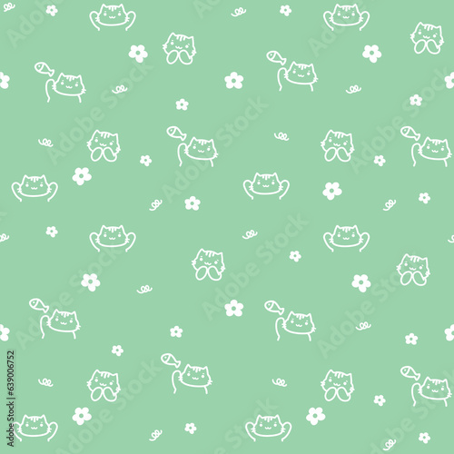 Cute cats pattern. Kittens with fishes seamless vector illustration. Hand drawn outline For wrapping paper, wallpaper, fabric, Green background white outline