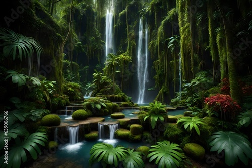 Generate a lush, tropical rainforest with vibrant flora and a cascading waterfall