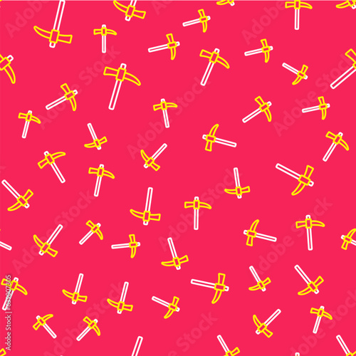 Line Pickaxe icon isolated seamless pattern on red background. Vector