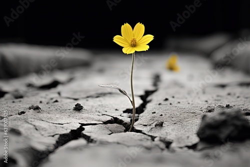 close up one yellow flower grow from cracked muddy earth ground, generative Ai © QuietWord
