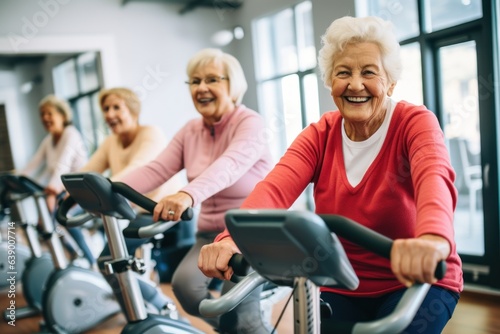Smiling happy senior women with grey hair practising indoors sport in group of people on an exercise bike in gym