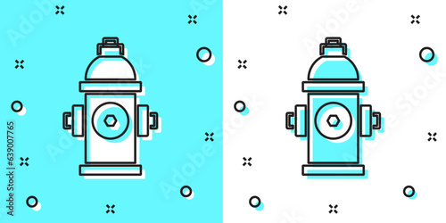 Black line Fire hydrant icon isolated on green and white background. Random dynamic shapes. Vector